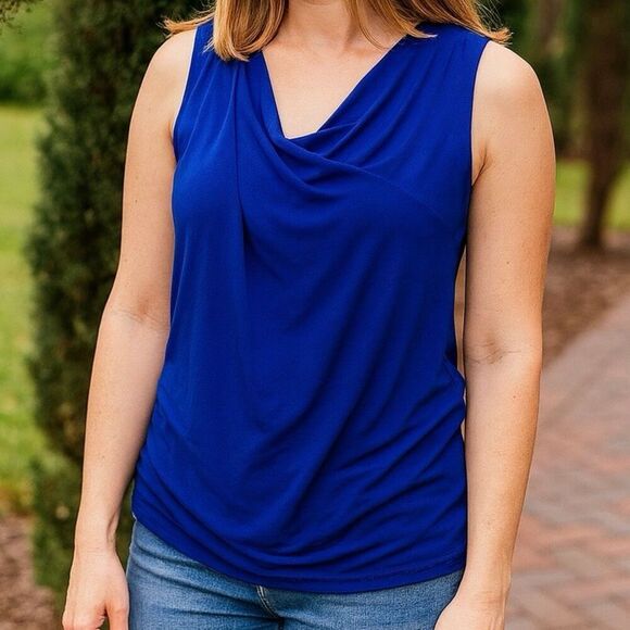 Pleione Blue Sleeveless Blouse Women’s Size M Medium Draped Front Tank Top Work - Picture 2 of 5